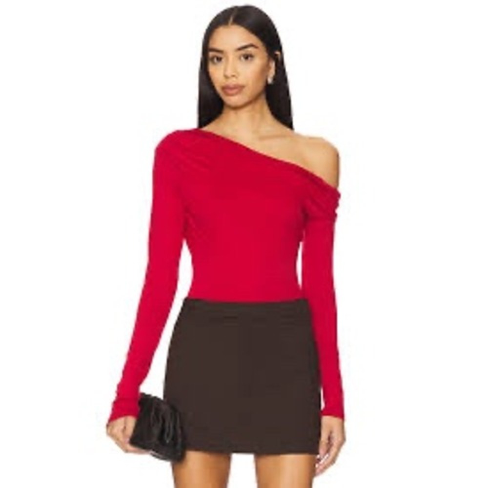 NEW AFRM Women Bria Top Small Risky Red Off Shoulder Ruched Long Sleeve Party